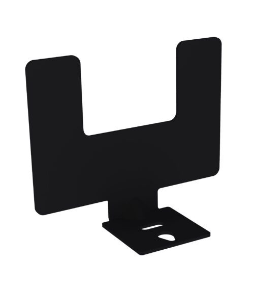Black metal support bracket with a U-shaped design. The bracket has two prongs extending upward and a flat base with a triangular screw hole for securing. Designed for stability and support in various installations.