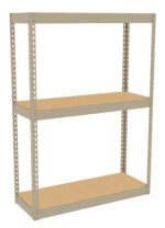 A beige metal shelving unit with three shelves is shown against a white background. The shelves are made of a light wood or particleboard material, and the metal frame features perforated holes for adjustable shelving heights.