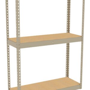 A beige metal shelving unit with three shelves is shown against a white background. The shelves are made of a light wood or particleboard material, and the metal frame features perforated holes for adjustable shelving heights.
