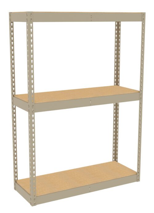 s9wwzugvr85vockluwia.jpg A beige metal shelving unit with three shelves is shown against a white background. The shelves are made of a light wood or particleboard material, and the metal frame features perforated holes for adjustable shelving heights.