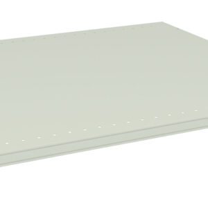 A plain, flat, rectangular, light gray metal shelf shown against a white background. The shelf has small perforated holes along its edges and appears sturdy, suitable for use in industrial or storage settings.
