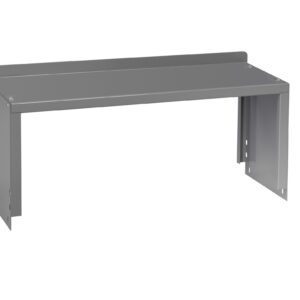 A rectangular, metallic, gray tabletop or support bracket with a simple, minimalist design. The piece has a flat surface with vertical supports on each side, open underneath.