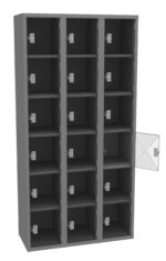 A digital rendering of a metal locker unit with three columns and four rows, each featuring individual compartments with doors. One door is open, showing its interior. The locker is dark gray with silver hinges and handles.