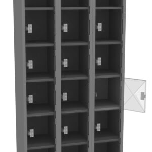 A digital rendering of a metal locker unit with three columns and four rows, each featuring individual compartments with doors. One door is open, showing its interior. The locker is dark gray with silver hinges and handles.