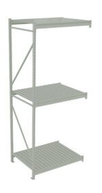 A light gray, metal shelving unit with three tiers and an open back. The shelves have slatted surfaces and are supported by vertical frames at each corner.