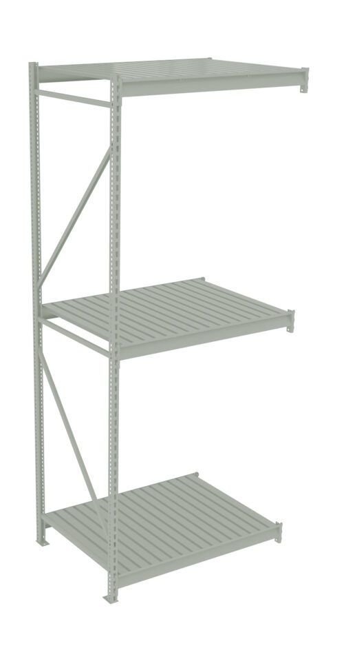 A light gray, metal shelving unit with three tiers and an open back. The shelves have slatted surfaces and are supported by vertical frames at each corner.