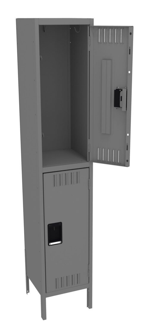 sapativepjp1bfvkrvqv.jpg A gray metal locker with two compartments. The upper door is open, revealing the interior, while the lower door is closed. The locker has vent slits on each door and a handle on both compartments.