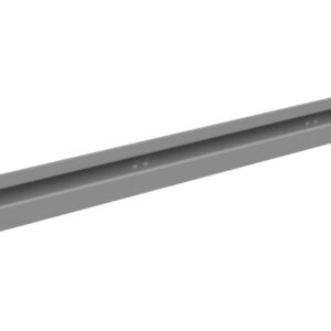 A long, narrow gray metal rail with a smooth surface and rounded ends is displayed against a white background. The rail has a slightly curved profile with a series of small, evenly spaced holes along its length.