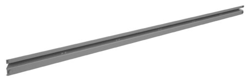 A long, narrow gray metal rail with a smooth surface and rounded ends is displayed against a white background. The rail has a slightly curved profile with a series of small, evenly spaced holes along its length.