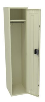Open beige metal locker with a handle on the right side. Inside, there is a single shelf at the top and a hook beneath it. The locker is empty and stands against a plain background.