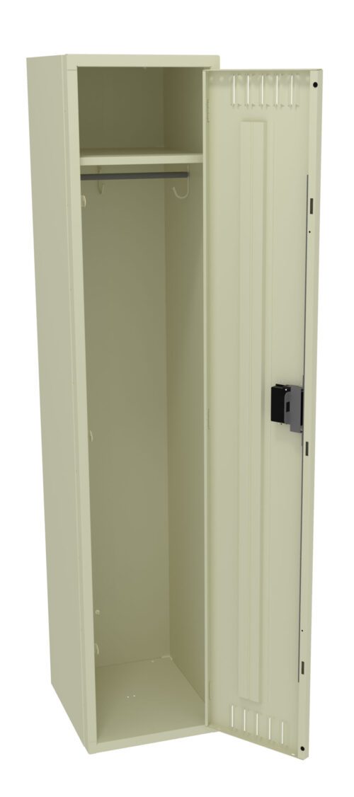 Open beige metal locker with a handle on the right side. Inside, there is a single shelf at the top and a hook beneath it. The locker is empty and stands against a plain background.
