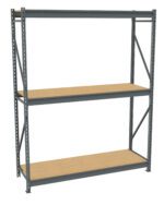 A metal shelving unit with two wooden shelves and an empty top level. The frame is gray, with diagonal support bars on the sides for stability. The shelves are spacious and designed for heavy-duty storage.