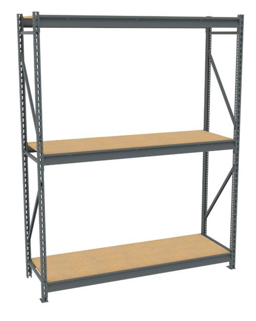 A metal shelving unit with two wooden shelves and an empty top level. The frame is gray, with diagonal support bars on the sides for stability. The shelves are spacious and designed for heavy-duty storage.