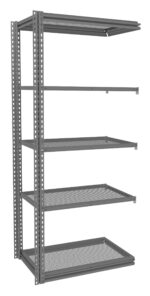 A large, industrial gray metal shelving unit with five adjustable shelves. The shelves are made of a perforated metal mesh, allowing for ventilation and visibility. The design is simple and utilitarian.
