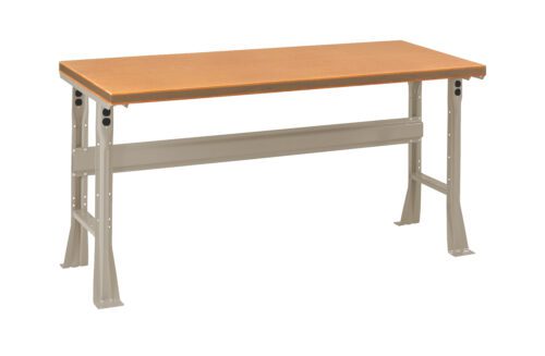 sbixmfw8a9dvxemi1zhl.jpg A sturdy workbench with a wooden tabletop and metallic legs. The legs have adjustable height settings, and there is a support beam connecting the legs for added stability. The design is minimal and functional, suitable for workshop use.