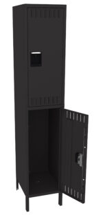 A black metal locker with two compartments; the top compartment is closed, and the bottom compartment is open, revealing an empty interior. A handle is visible on each door.