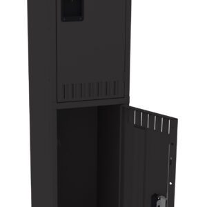 A black metal locker with two compartments; the top compartment is closed, and the bottom compartment is open, revealing an empty interior. A handle is visible on each door.