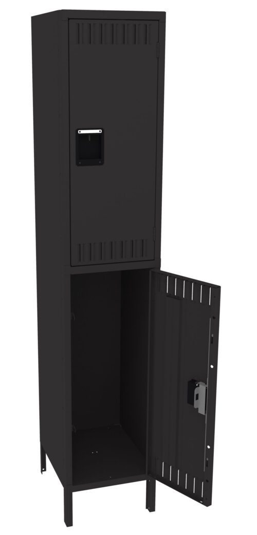 A black metal locker with two compartments; the top compartment is closed, and the bottom compartment is open, revealing an empty interior. A handle is visible on each door.