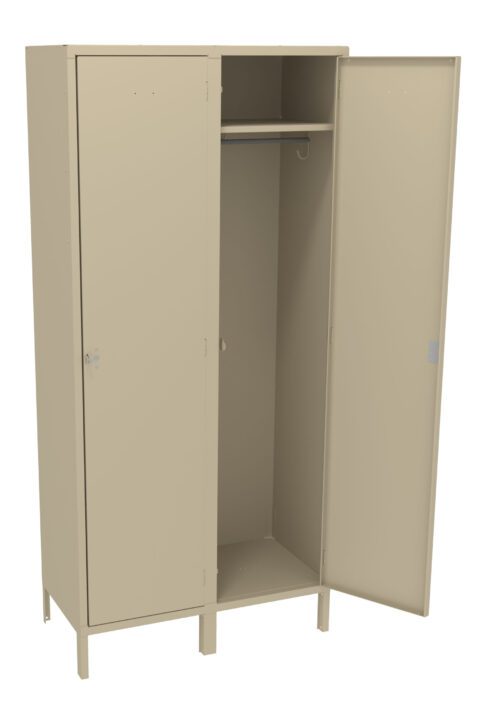 sbox3yx1s0ehxkzank1e.jpg A beige metal locker with three compartments, including a middle section open to reveal a hanging rod and shelf, while the other two doors are closed. The locker stands on small legs and has a simple, industrial design.