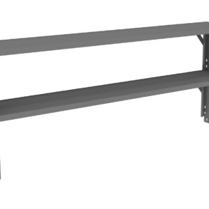 A gray, metal wall shelf unit with two tiers. The design is minimalist, featuring a rectangular shape supported by vertical brackets on each side. The shelf appears sturdy and functional for storage or display purposes.