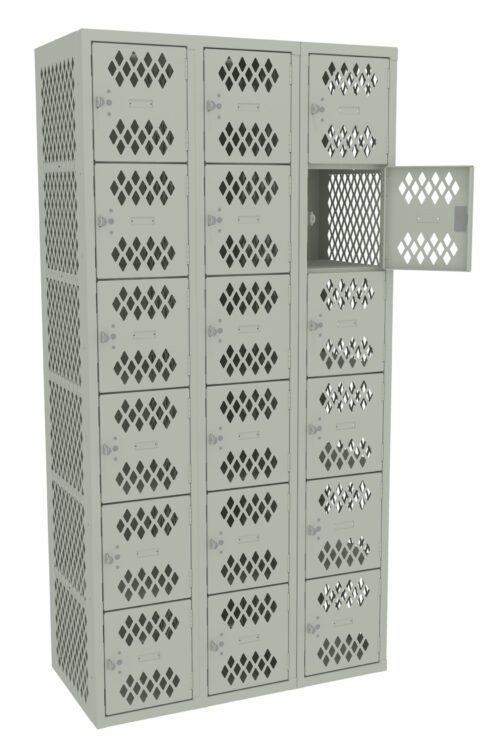 A gray metal locker unit with three columns and eight rows of square compartments, featuring diamond-shaped vents. One compartment door is open, revealing the empty interior.