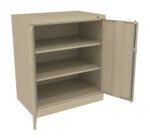 A beige metal storage cabinet with an open door and three shelves inside. The cabinet is empty and stands on a white background.