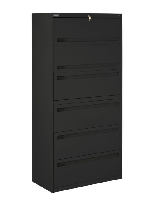 A tall black metal filing cabinet with five drawers and a lock on the top drawer. Each drawer has a horizontal handle. The cabinet is shown against a white background.