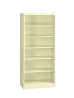 A beige metal bookshelf with six evenly spaced shelves. It stands upright and is empty, displayed against a plain white background.