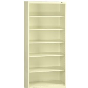 A beige metal bookshelf with six evenly spaced shelves. It stands upright and is empty, displayed against a plain white background.