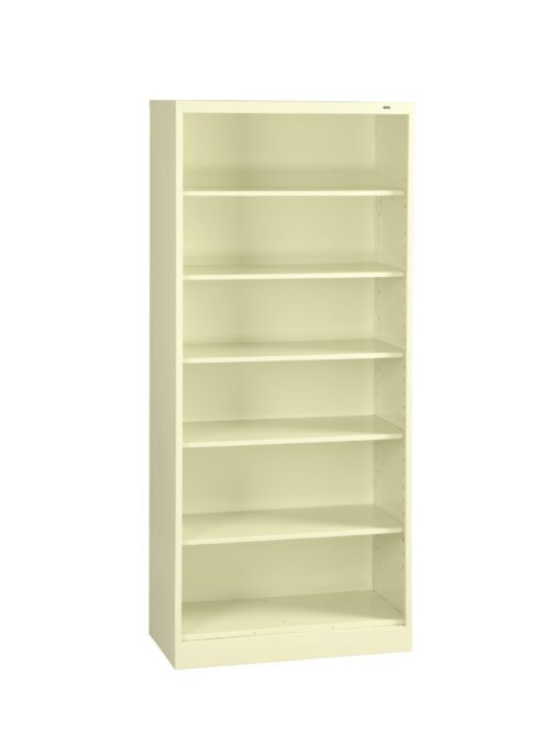 A beige metal bookshelf with six evenly spaced shelves. It stands upright and is empty, displayed against a plain white background.