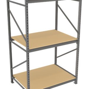 A three-shelf metal storage unit with a gray frame and beige shelves. The shelves are evenly spaced, and the unit has a sturdy, industrial design.