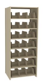 A beige storage shelf unit with multiple adjustable shelves, each featuring several inclined dividers. The unit is empty and designed for organizing items such as files or small boxed products.