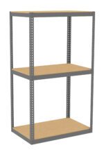A metal shelving unit with three wooden shelves. The frame is gray and the shelves are evenly spaced. The design is simple and utilitarian, suitable for storage or organization purposes. The background is white.