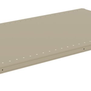 A beige metal shelf panel with small holes along the edges, designed for modular shelving units. The panel is rectangular and flat, supported by corner brackets for assembly within a shelving frame.