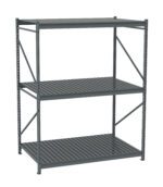 A metal shelving unit with three slatted tiers. The frame is made of sturdy metal with diagonal supports on the sides for stability. The shelves are spacious and evenly spaced, designed for storage and organization.