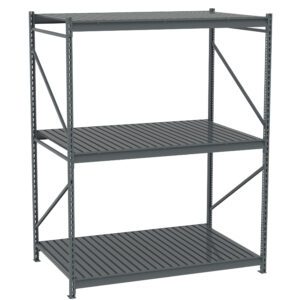 A metal shelving unit with three slatted tiers. The frame is made of sturdy metal with diagonal supports on the sides for stability. The shelves are spacious and evenly spaced, designed for storage and organization.
