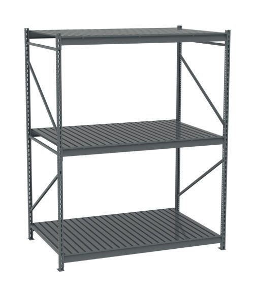 A metal shelving unit with three slatted tiers. The frame is made of sturdy metal with diagonal supports on the sides for stability. The shelves are spacious and evenly spaced, designed for storage and organization.