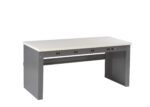 A modern, minimalist desk with a white tabletop and gray legs. The desk features integrated power outlets at the front, providing convenient access for electronics.