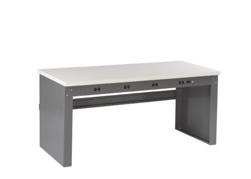 A modern, minimalist desk with a white tabletop and gray legs. The desk features integrated power outlets at the front, providing convenient access for electronics.