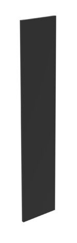 A tall, rectangular black panel standing upright against a white background. The panels surface is smooth and solid, with sharp, clean edges.