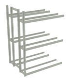 Metal shelving unit frame with multiple horizontal beams extending on each side, featuring a neutral color and no shelves installed. The frame has a sturdy, industrial design with perforated vertical supports.