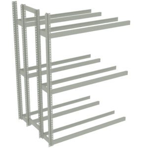 Metal shelving unit frame with multiple horizontal beams extending on each side, featuring a neutral color and no shelves installed. The frame has a sturdy, industrial design with perforated vertical supports.