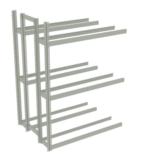 Metal shelving unit frame with multiple horizontal beams extending on each side, featuring a neutral color and no shelves installed. The frame has a sturdy, industrial design with perforated vertical supports.