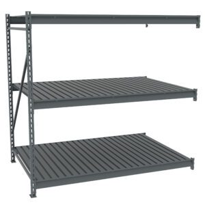 A large, empty, industrial metal shelving unit with three horizontal shelves and vertical supports, shown against a white background. The shelves are evenly spaced and designed for heavy-duty storage.