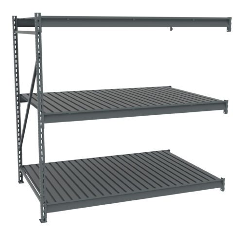 A large, empty, industrial metal shelving unit with three horizontal shelves and vertical supports, shown against a white background. The shelves are evenly spaced and designed for heavy-duty storage.
