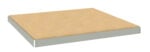A rectangular wooden platform with a beige surface is supported by gray metal edges. The structure appears to be a sturdy and flat panel, possibly used as a base or shelf.