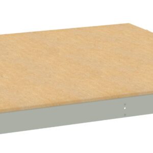 A rectangular wooden platform with a beige surface is supported by gray metal edges. The structure appears to be a sturdy and flat panel, possibly used as a base or shelf.
