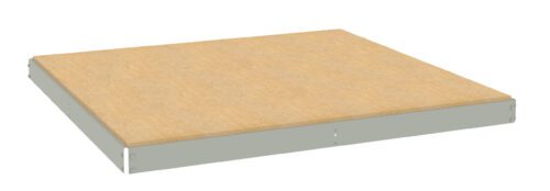 sfjvt0xnng1jyizpqbny.jpg A rectangular wooden platform with a beige surface is supported by gray metal edges. The structure appears to be a sturdy and flat panel, possibly used as a base or shelf.