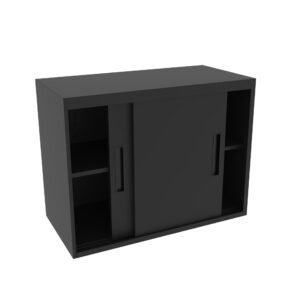 A black cabinet with two sliding doors. It features four open shelves, two on each side of the central compartments, with a simple design and no visible handles. The background is plain white.