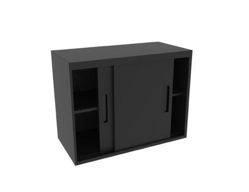 A black cabinet with two sliding doors. It features four open shelves, two on each side of the central compartments, with a simple design and no visible handles. The background is plain white.